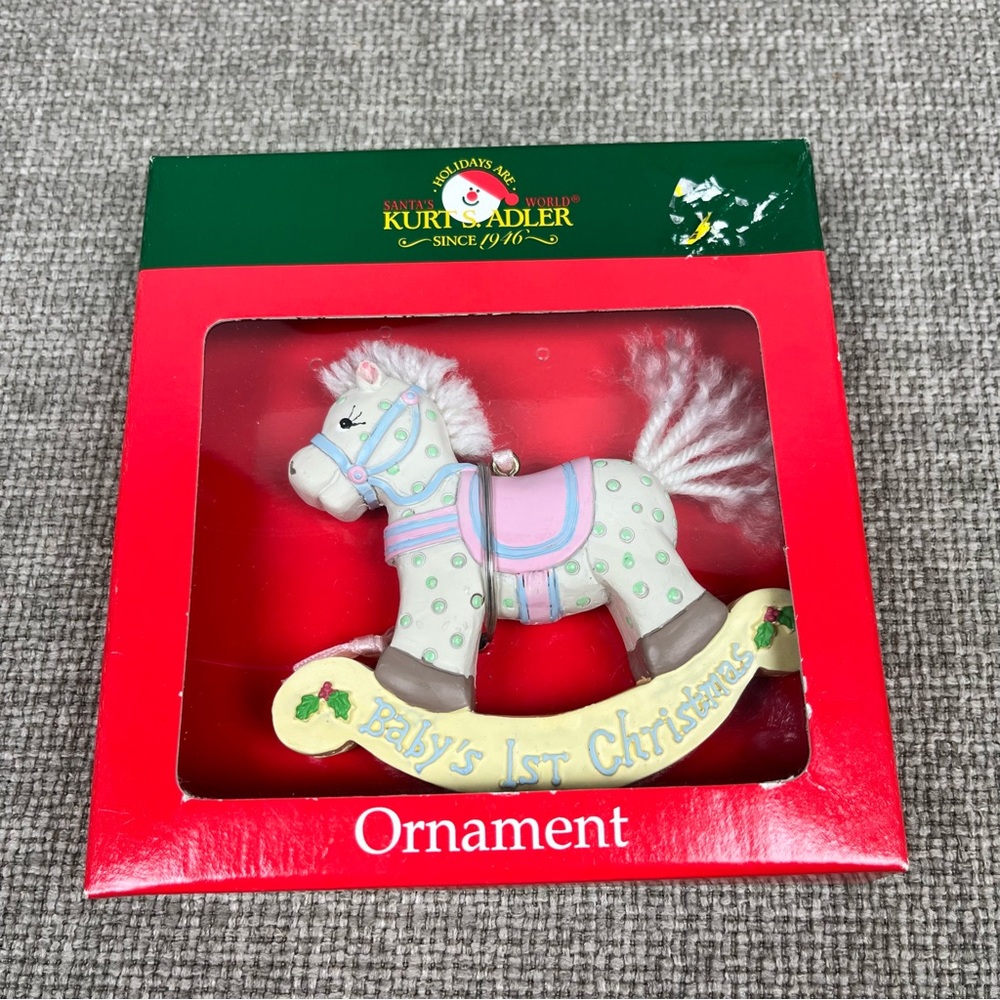 New Kurt Adler Rocking Horse Baby’s 1st Christmas Pastel Tree Ornament Gift VTG